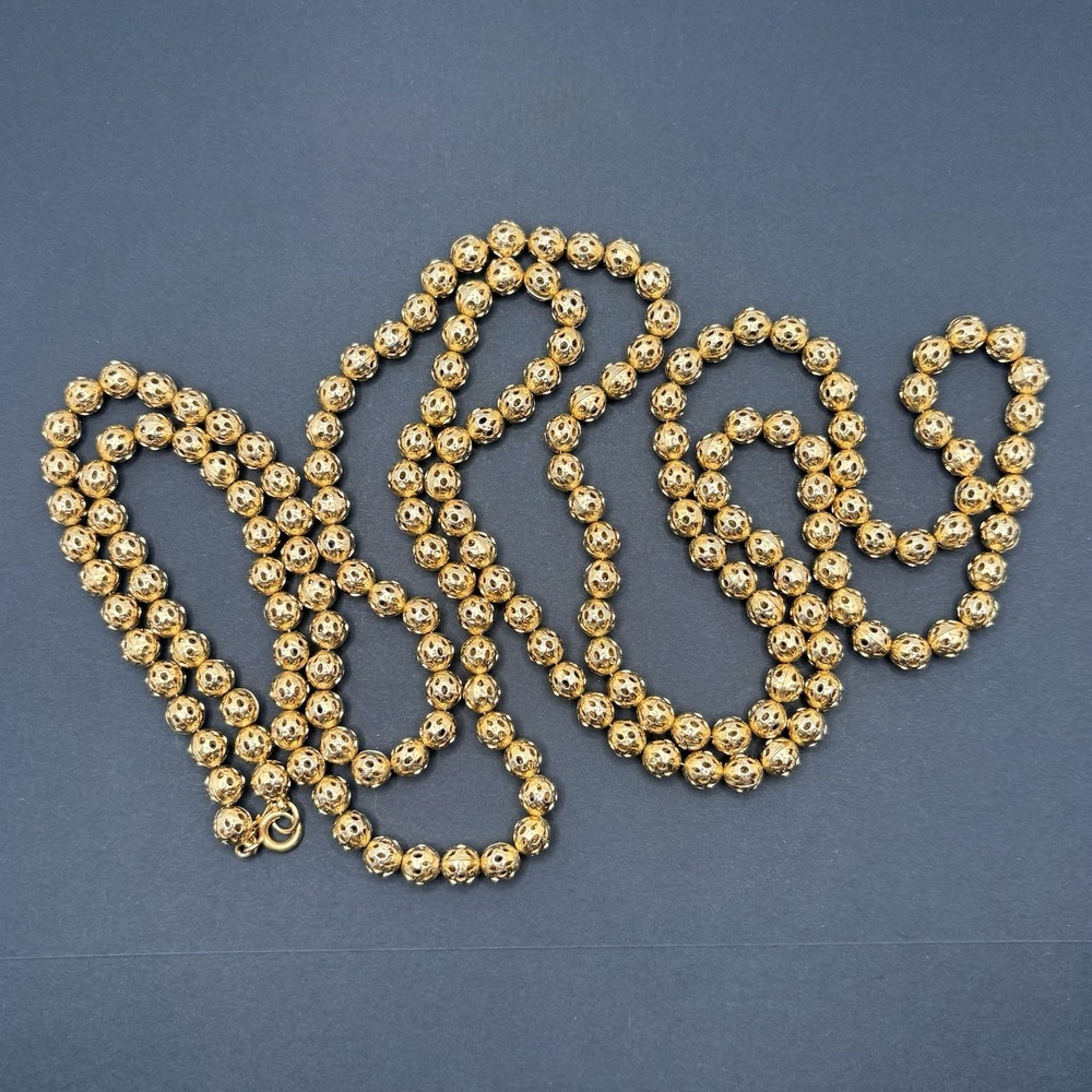 Vintage Trifari Textured Filigree Ball Chain Gold Tone Necklace 60" Opera Length